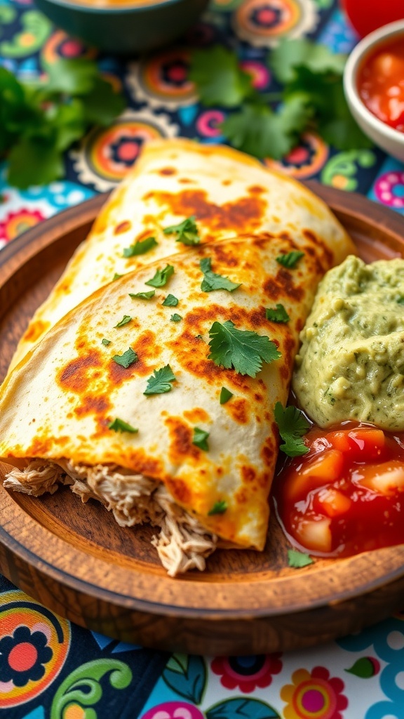 A crispy keto chicken quesadilla filled with cheese and chicken, garnished with cilantro, served with guacamole and salsa.